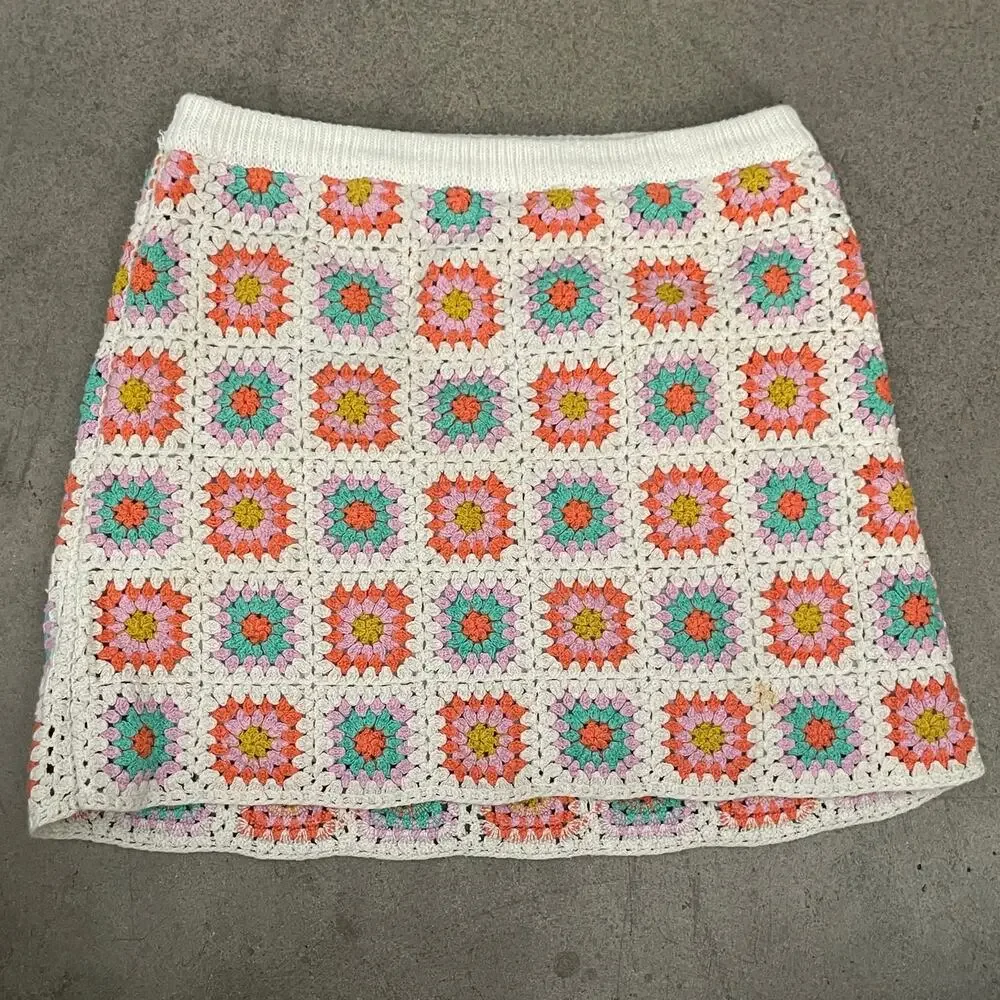 Art Class Girls Crochet Granny Square Sweater Skirt Boho Retro Size L 10/12